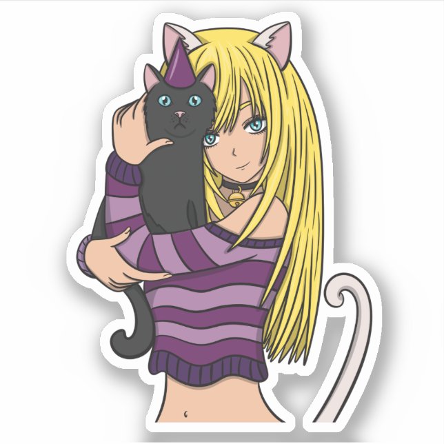 Anime Girl und Niedliche Katze Aufkleber (Vorderseite)