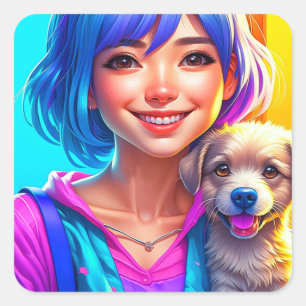 Anime Girl und Puppy Dog Quadratischer Aufkleber