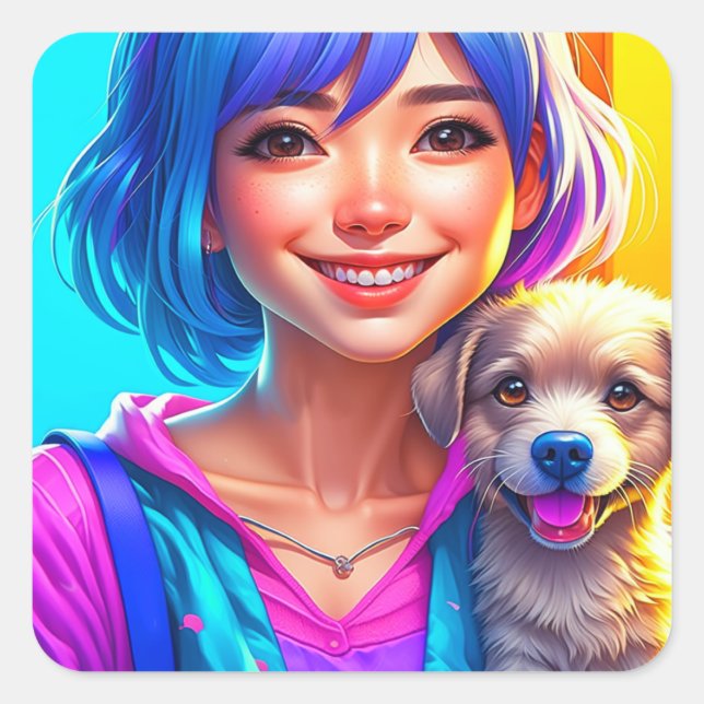Anime Girl und Puppy Dog Quadratischer Aufkleber (Vorderseite)