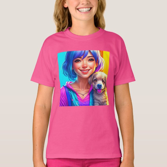 Anime Girl und Puppy Dog T-Shirt (Vorderseite)