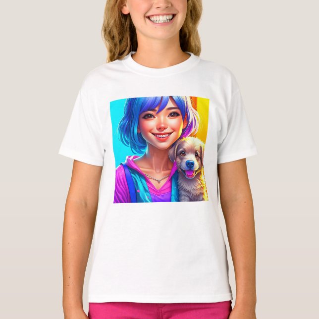 Anime Girl und Puppy Dog T-Shirt (Vorderseite)