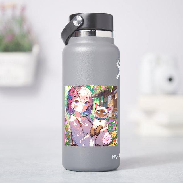 Anime Girl und Siamese Cat Aufkleber (HydroFlask)