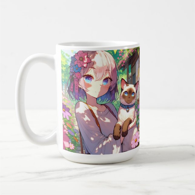 Anime Girl und Siamese Cat Personalisiert Kaffeetasse (Links)