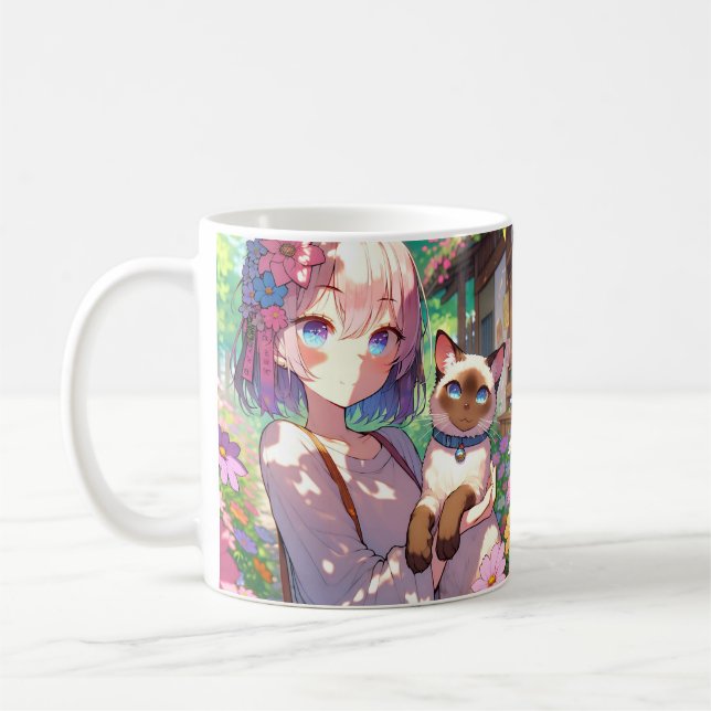 Anime Girl und Siamese Cat Personalisiert Kaffeetasse (Links)
