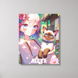 Anime Girl und Siamese Cat Personalisiert Leinwanddruck