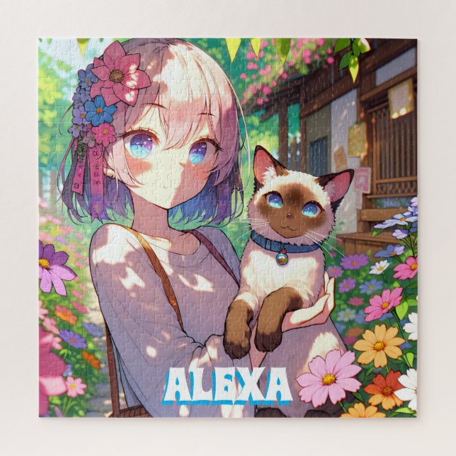 Anime Girl und Siamese Cat Personalisiert Puzzle (Vertikal)