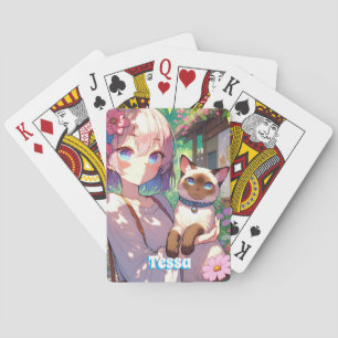 Anime Girl und Siamese Cat Spielkarten