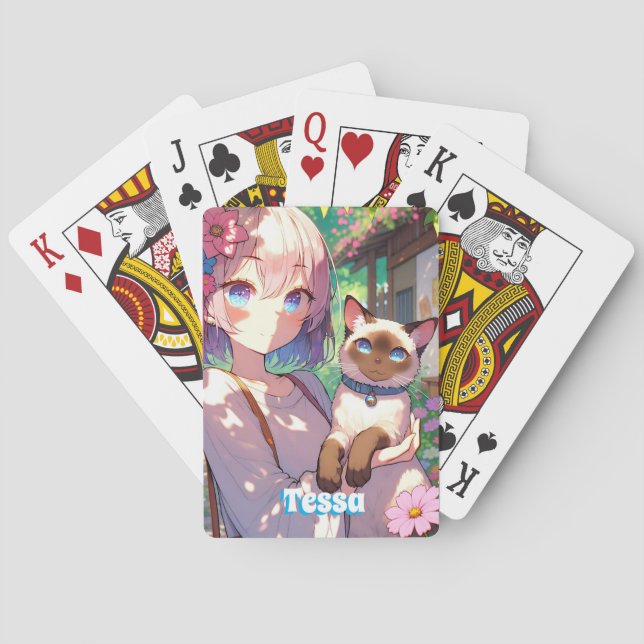 Anime Girl und Siamese Cat Spielkarten (Rückseite)