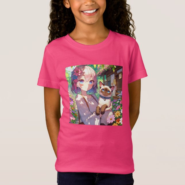 Anime Girl und Siamese Cat T-Shirt (Vorderseite)
