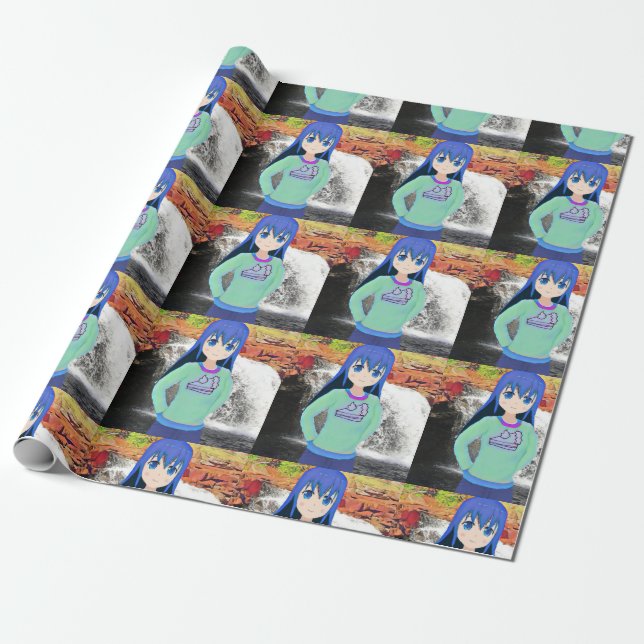 Anime-Girl- und Wasserfallpapier Geschenkpapier (Ungerollt)