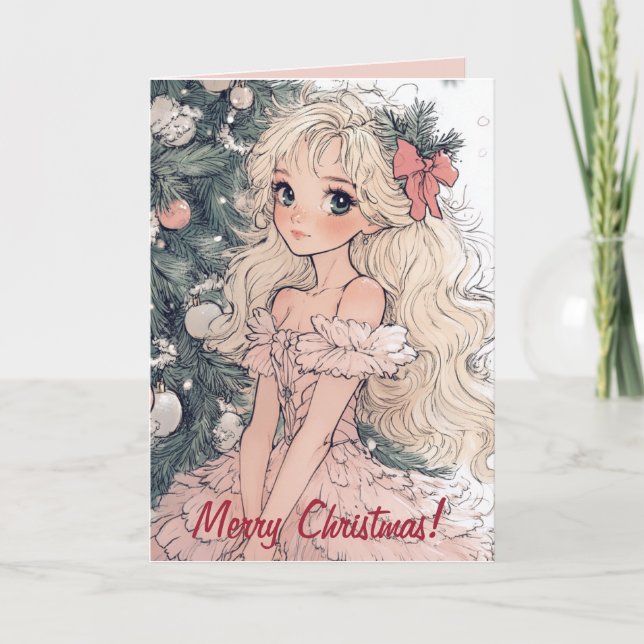 Anime-Girl und Weihnachtsbaumkarte Karte (Vorderseite)