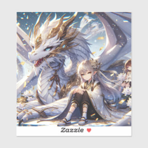 Anime Girl und White and Gold Dragon Aufkleber