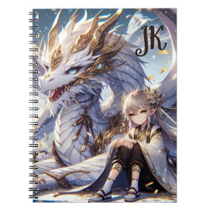 Anime Girl und White and Gold Dragon Mit Monogramm Notizblock