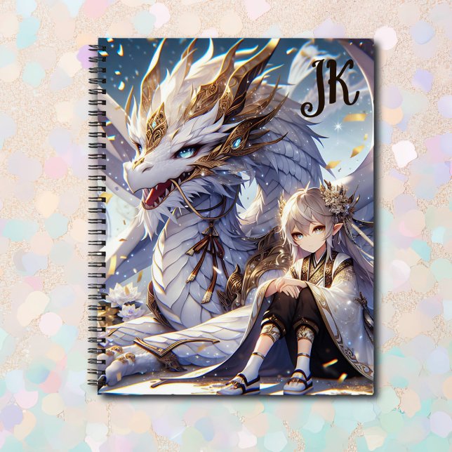 Anime Girl und White and Gold Dragon Mit Monogramm Notizbuch (Von Creator hochgeladen)