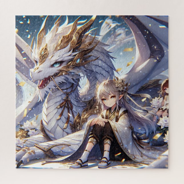 Anime Girl und White and Gold Dragon Puzzle (Vertikal)
