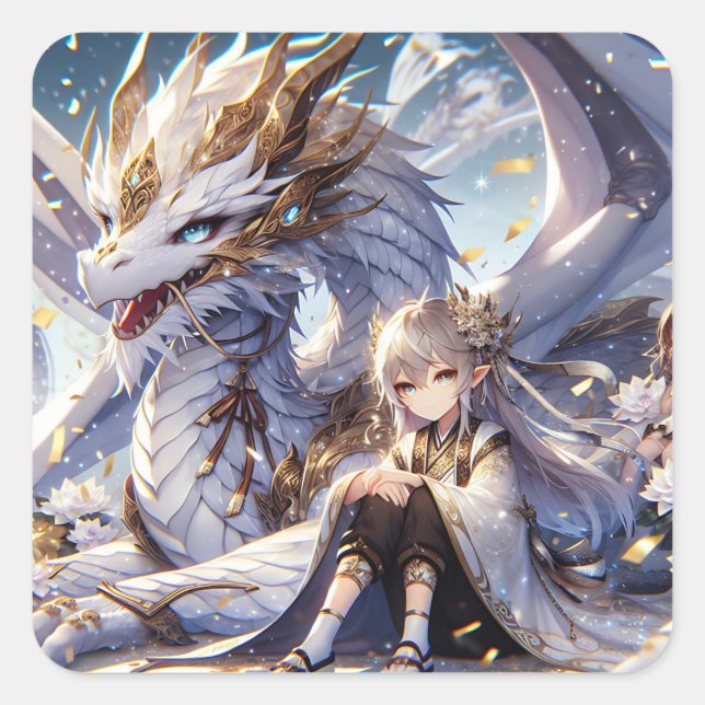 Anime Girl und White and Gold Dragon Quadratischer Aufkleber (Vorderseite)