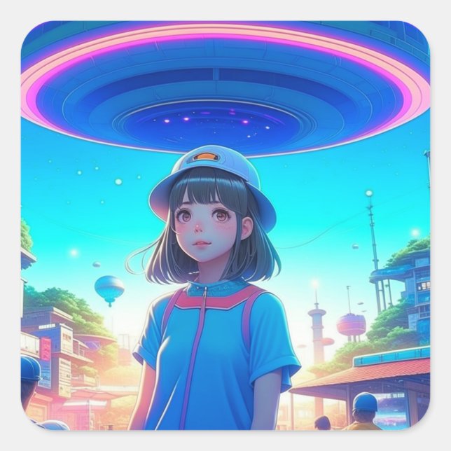 Anime Girl unter einem UFO in der Stadt Quadratischer Aufkleber (Vorderseite)