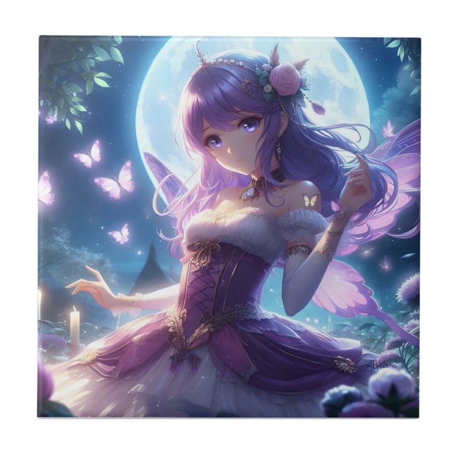 Anime Girl Violet Butterfly Wing Moon Fairy Fliese (Vorderseite)