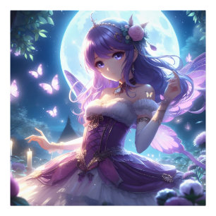 Anime Girl Violet Butterfly Wing Moon Fairy Fotodruck