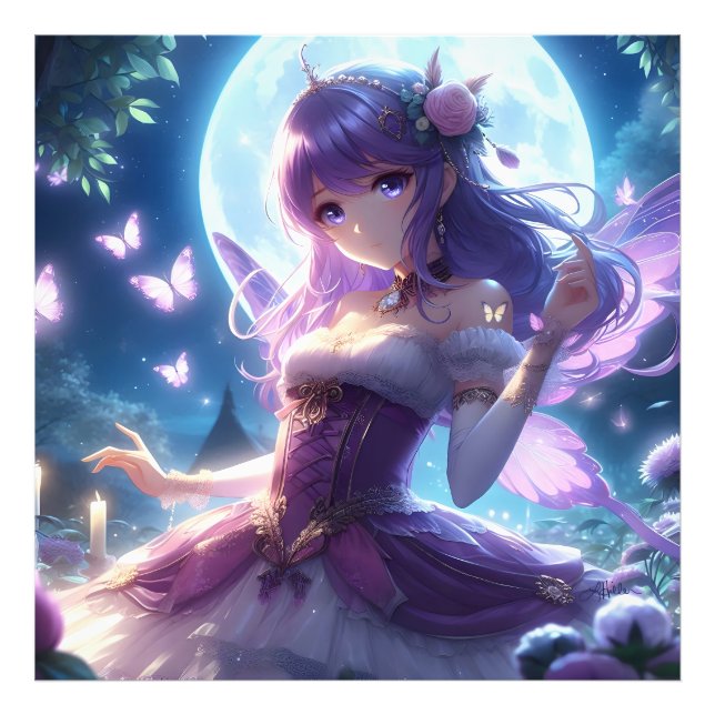 Anime Girl Violet Butterfly Wing Moon Fairy Fotodruck (Vorne)