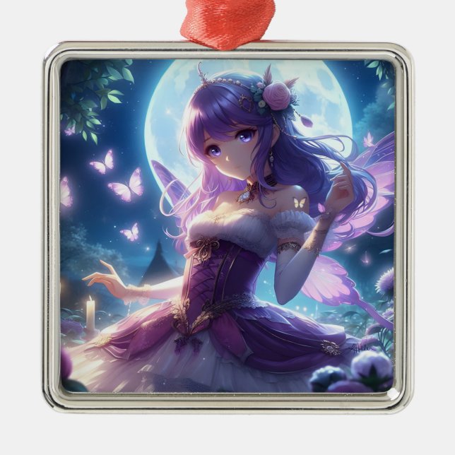 Anime Girl Violet Butterfly Wing Moon Fairy Ornament Aus Metall (Vorne)