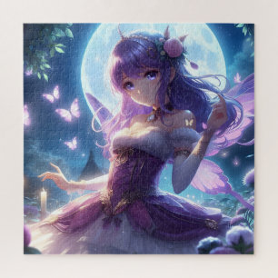 Anime Girl Violet Butterfly Wing Moon Fairy Puzzle