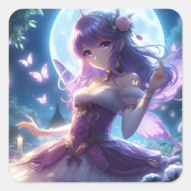 Anime Girl Violet Butterfly Wing Moon Fairy Quadratischer Aufkleber (Vorderseite)