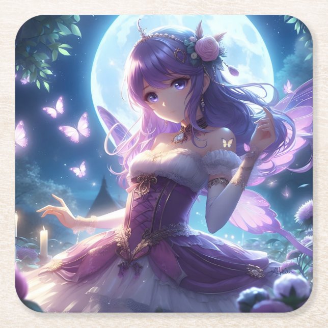 Anime Girl Violet Butterfly Wing Moon Fairy Rechteckiger Pappuntersetzer (Vorderseite)