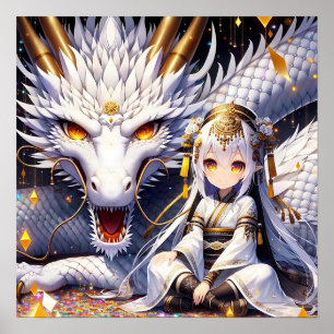 Anime Girl Warrior und Dragon Ai Art Poster
