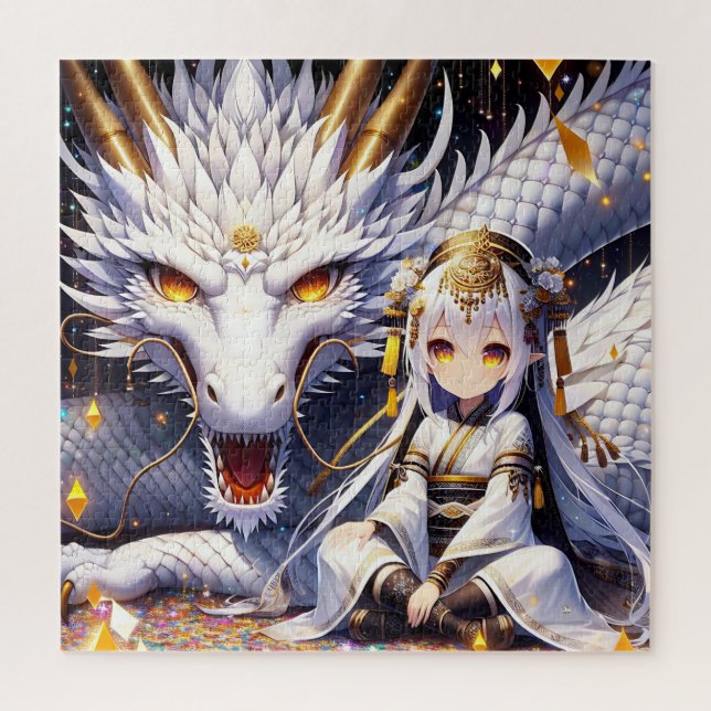 Anime Girl Warrior und Dragon Ai Art Puzzle (Vertikal)