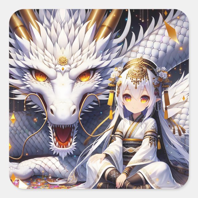 Anime Girl Warrior und Dragon Ai Art Quadratischer Aufkleber (Vorderseite)