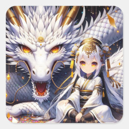 Anime Girl Warrior und Dragon Ai Art Quadratischer Aufkleber