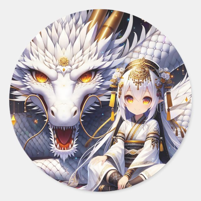 Anime Girl Warrior und Dragon Ai Art Runder Aufkleber (Vorderseite)