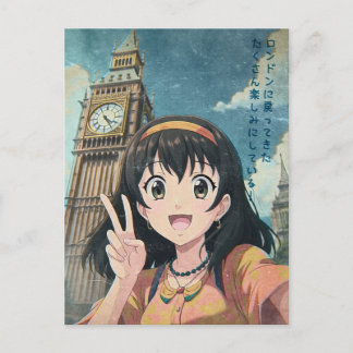 Anime Girl with Big Ben, London - Retro Kawaii Art Feiertagspostkarte