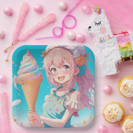 Anime Girl with Whimsical Ice Cream Cone Birthday Pappteller