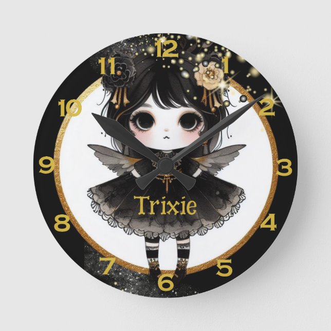 Anime Girls Kawaii Goth Chibi Decor Black Gold Runde Wanduhr (Vorderseite)