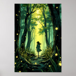 Anime-Glühwürmchen-Wald-Abend-Wandkunst Poster