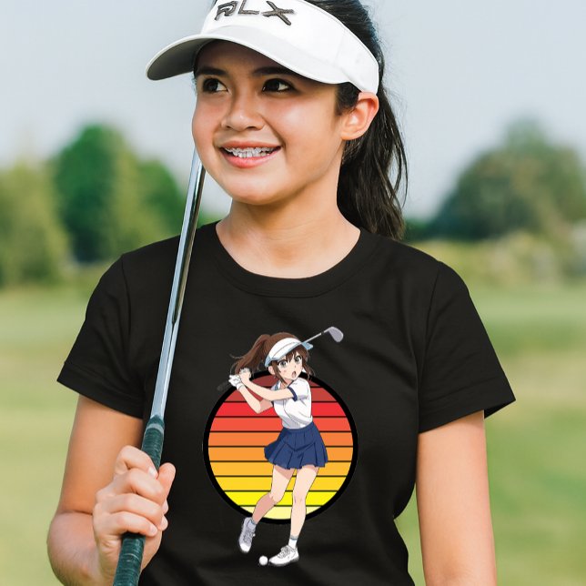 Anime Golfer Girl On Retro Sunset Template T-Shirt (Von Creator hochgeladen)