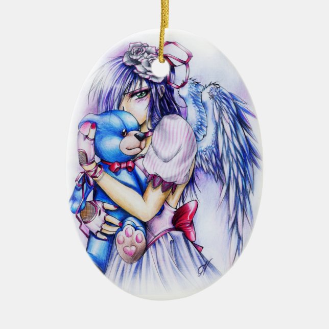 Anime Gothic Pink Angel Girl with Teddy Keramik Ornament (Vorne)