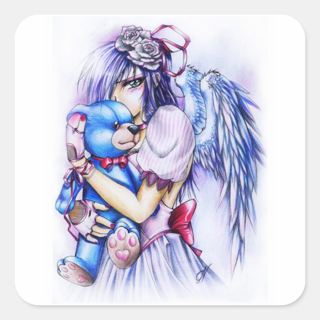 Anime Gothic Pink Angel Girl with Teddy Quadratischer Aufkleber (Vorderseite)