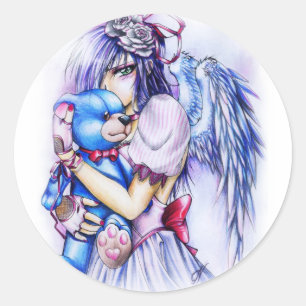 Anime Gothic Pink Engel Mädchen Mit Teddy Runder Aufkleber