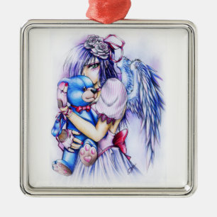 Anime Gothic Pink Engel Mädchen Mit Teddy Silbernes Ornament
