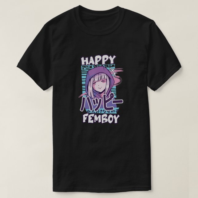 Anime Happy Femboy mit Happy in japanisch - Niedli T-Shirt (Design vorne)