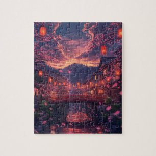 Anime Japanische Stadt bei Sonnenuntergang Puzzle 