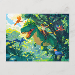 Anime-Junge, der auf T-Rex im Dschungel und bei Vö Feiertagspostkarte
