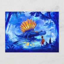 Anime-Junge fotografiert Sumpf-Dinosaurier