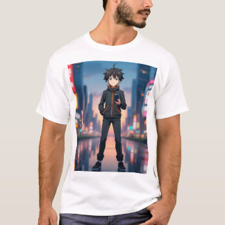 Anime-Junge in einer Neonstadt bei Nacht – Cooler T-Shirt