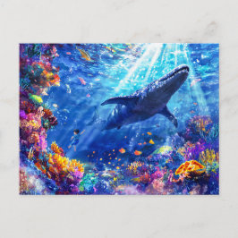 Anime-Junge schwimmt am Liopleurodon-Riff Feiertagspostkarte