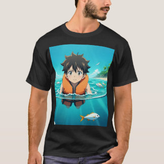 Anime-Junge schwimmt im Ozean mit Fischen – Süß A T-Shirt