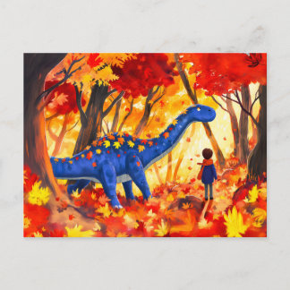 Anime-Junge spaziert Dinosaurier Herbstwald Feiertagspostkarte